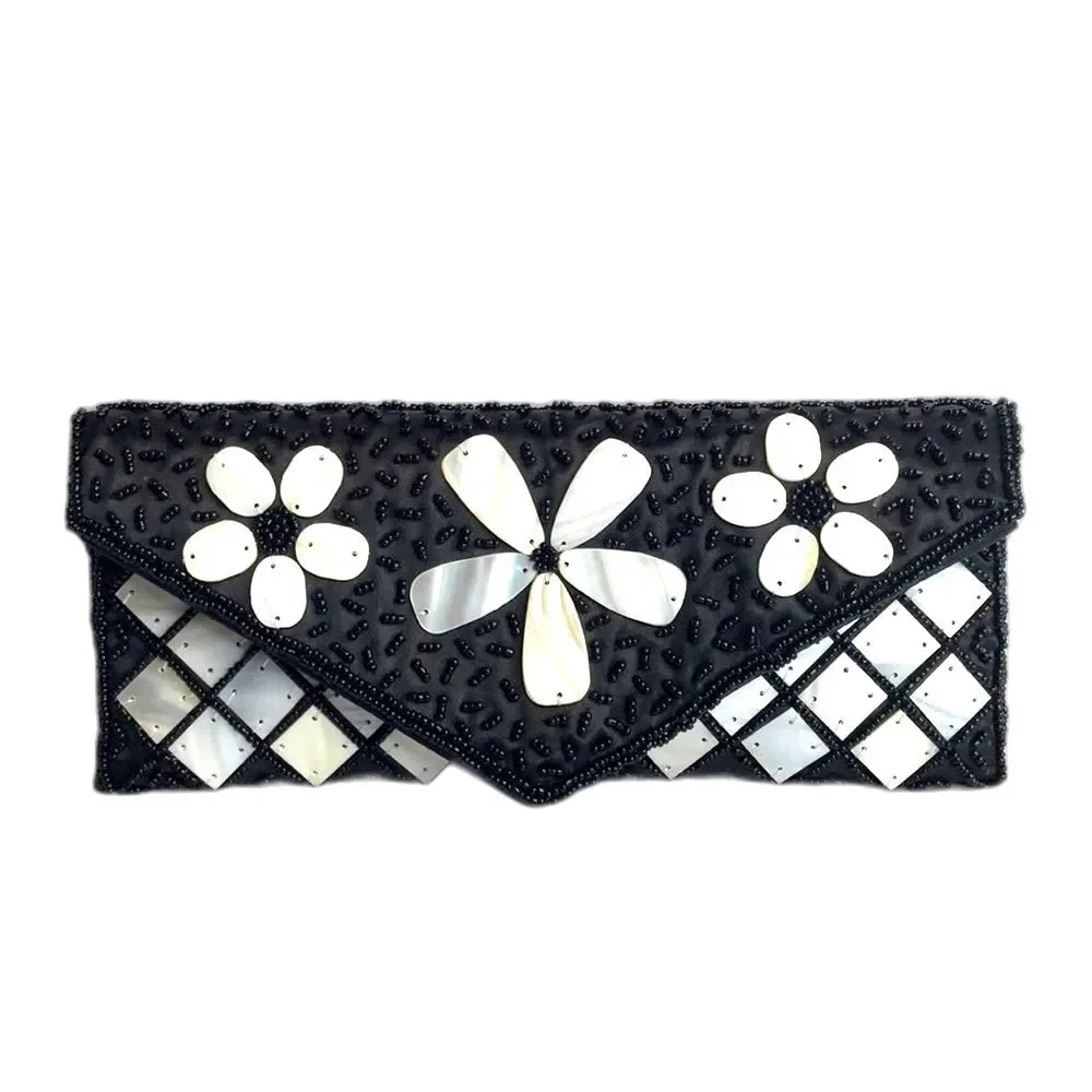 Vtg mad by design mother of pearl accents clutch black flower wallet